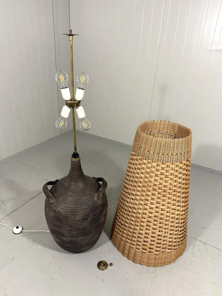 Sale Pamono Large Pottery Amphora Floor Lamp with Caned Lamp Shade, 1960s