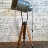 Pamono Large Vintage Gray Industrial Spotlight on Wooden Tripod