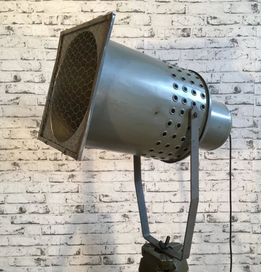 Pamono Large Vintage Gray Industrial Spotlight on Wooden Tripod