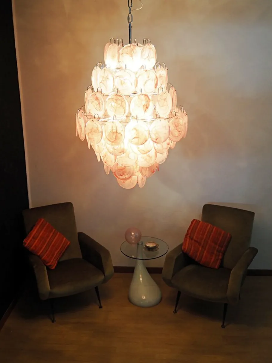 Best Pamono Large Vintage Italian Murano Chandelier with Pink Alabaster Disks, 1990s