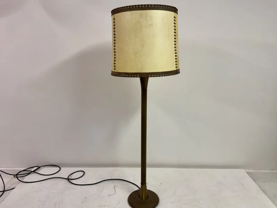 Pamono Leather-Wrapped Floor Lamp with Parchment Shade by Charlotte Wawer, 1950s