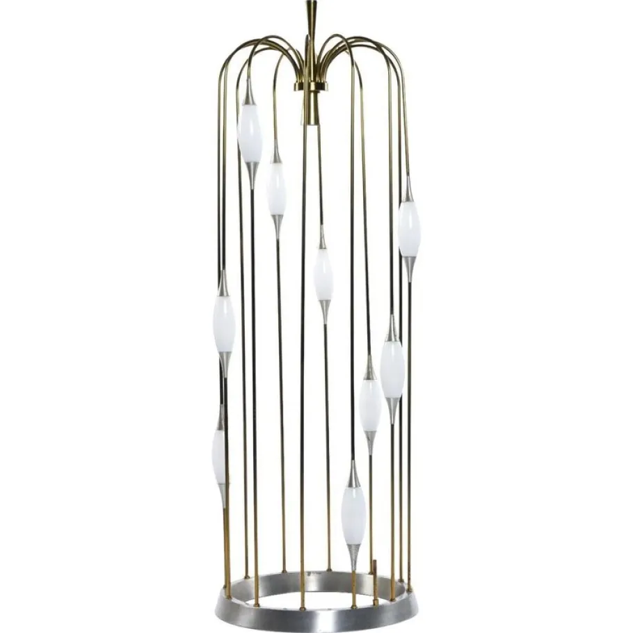 Outlet Pamono Lightolier Gold Colored Metal Waterfall Cage Lamp with New White Glass Diffusers, 1970s