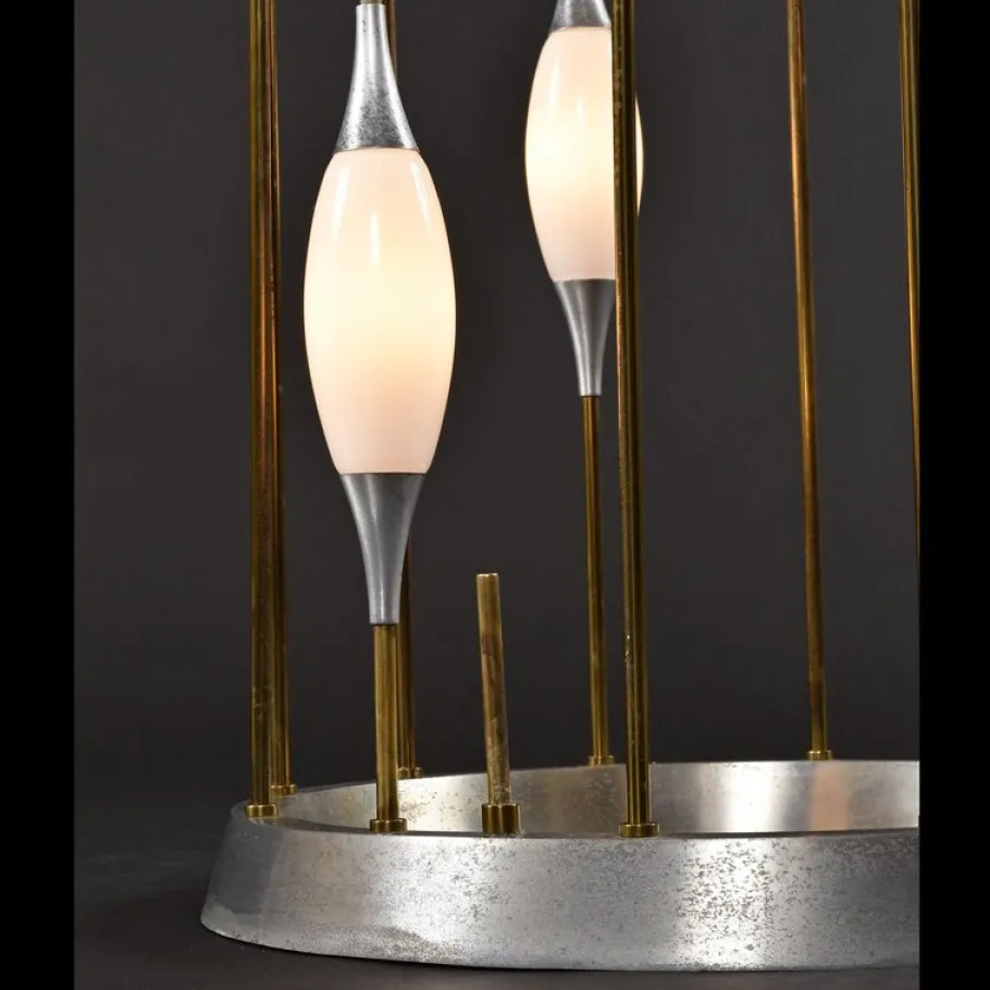 Outlet Pamono Lightolier Gold Colored Metal Waterfall Cage Lamp with New White Glass Diffusers, 1970s