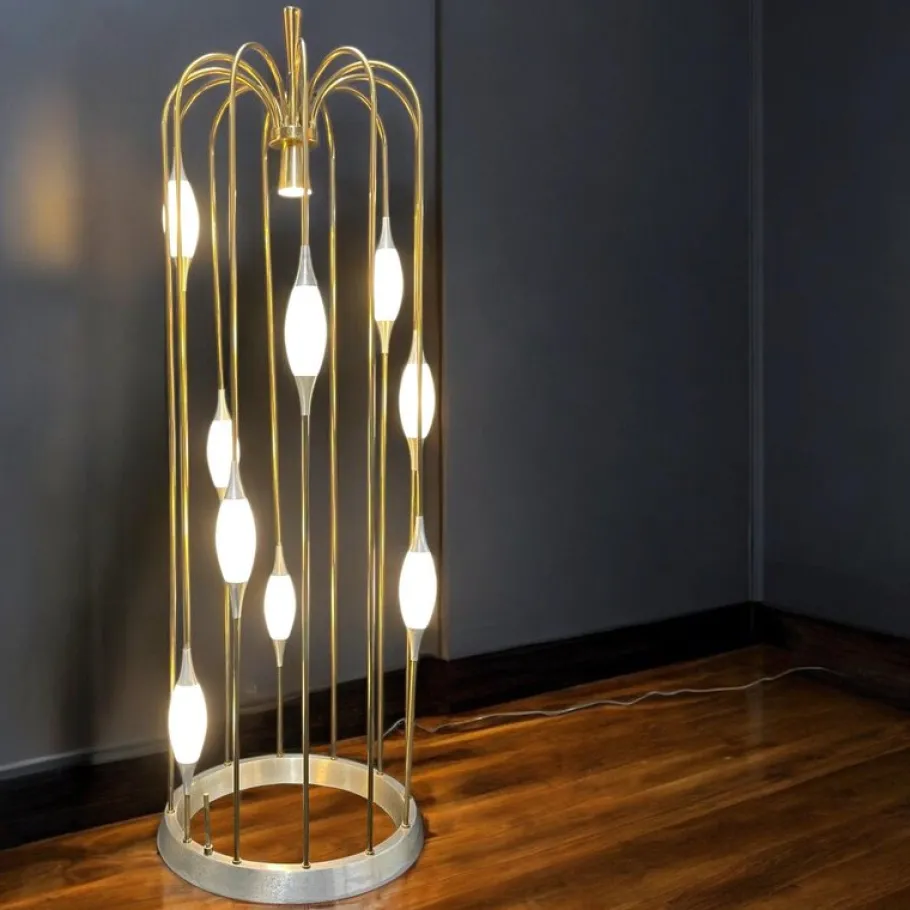 Outlet Pamono Lightolier Gold Colored Metal Waterfall Cage Lamp with New White Glass Diffusers, 1970s