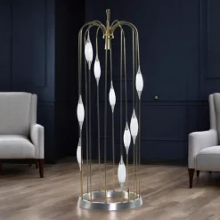 Outlet Pamono Lightolier Gold Colored Metal Waterfall Cage Lamp with New White Glass Diffusers, 1970s