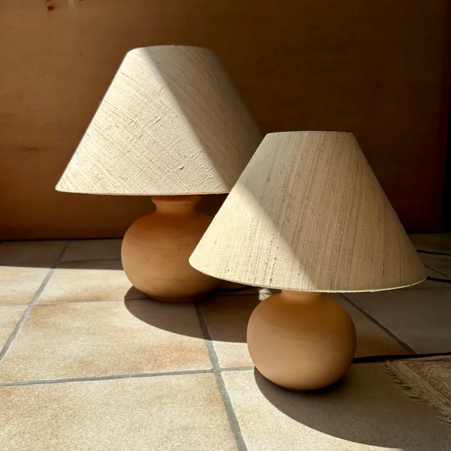Best Pamono Mediterranean Style Terracotta Table Lamps with Wild Silk Lampshades, Italy, 1970s, Set of 2