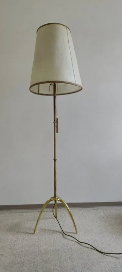 Online Pamono Mid-Century Brass Floor Lamp with Leather Shade, 1950s