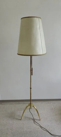 Online Pamono Mid-Century Brass Floor Lamp with Leather Shade, 1950s