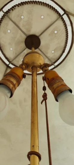 Online Pamono Mid-Century Brass Floor Lamp with Leather Shade, 1950s