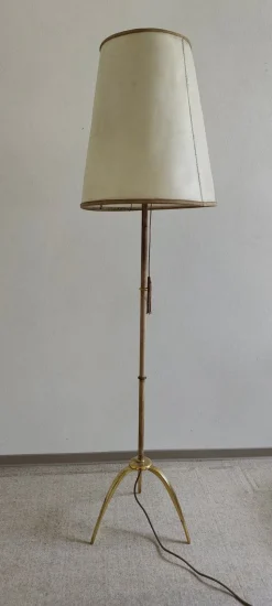 Online Pamono Mid-Century Brass Floor Lamp with Leather Shade, 1950s