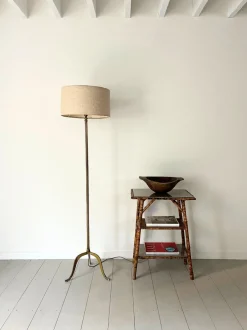 Discount Pamono Mid-Century Brass Reeded Floor Lamp with Arched Tripod Feet, France, 1950s