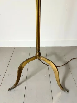 Discount Pamono Mid-Century Brass Reeded Floor Lamp with Arched Tripod Feet, France, 1950s