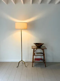 Discount Pamono Mid-Century Brass Reeded Floor Lamp with Arched Tripod Feet, France, 1950s