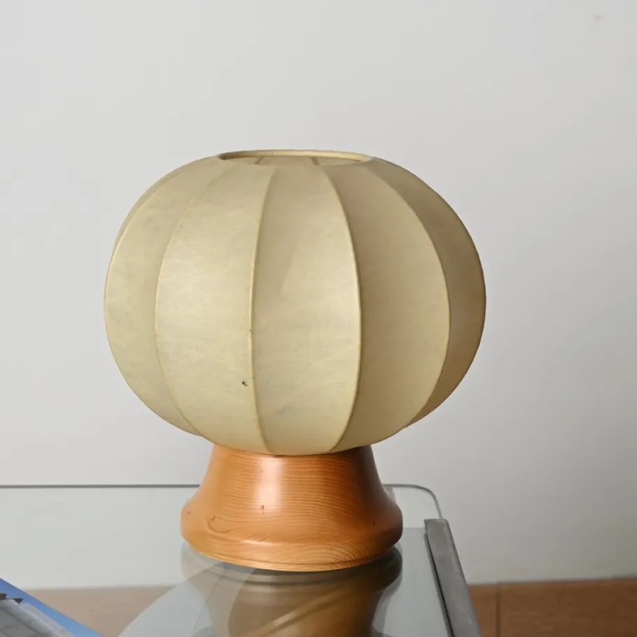 Best Pamono Mid-Century Cocoon Table Lamp with Oak Wood Base attributed to Achille Castiglioni for Flos, Italy, 1960s