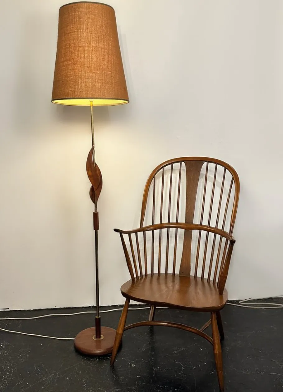 Best Pamono Mid-Century French Floor Lamp in Teak and Brass with Lava Shade , 1950s