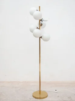 New Pamono Mid-Century German Opaline Globe Floor Lamp in Brass from Kaiser, 1959