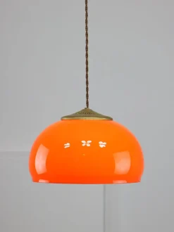 Clearance Pamono Mid-Century Italian Orange Glass and Brass Pendant Lamp