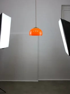 Clearance Pamono Mid-Century Italian Orange Glass and Brass Pendant Lamp