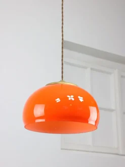 Clearance Pamono Mid-Century Italian Orange Glass and Brass Pendant Lamp