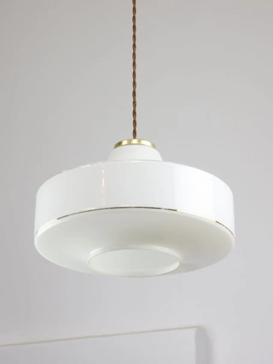 Best Pamono Mid-Century Italian White Glass & Brass Pendant Lamp