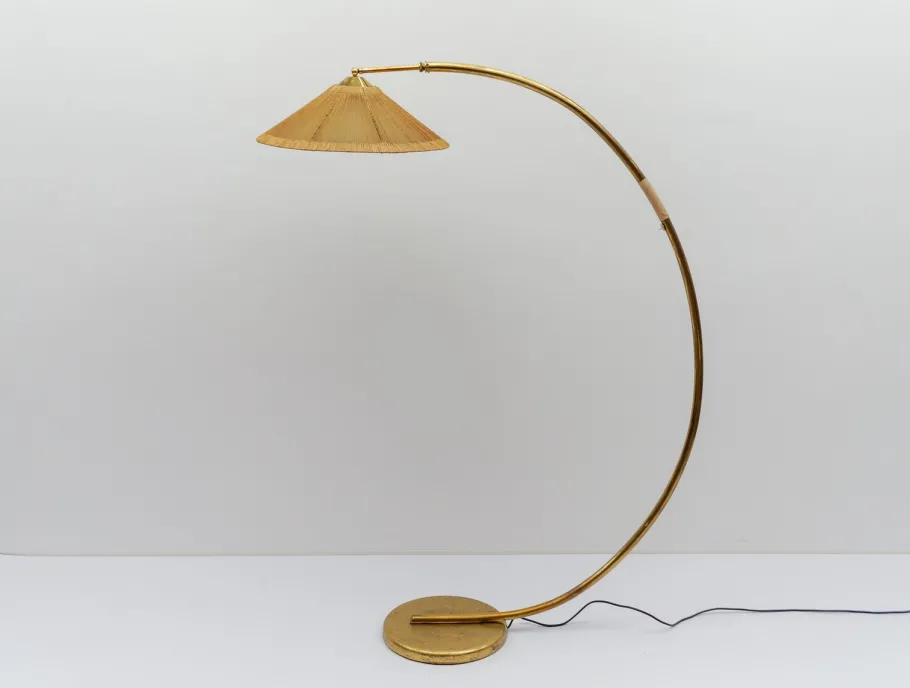 Discount Pamono Mid-Century Modern Brass & Rattan Arc Floor Lamp, Italy, 1950s