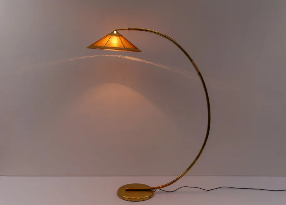 Discount Pamono Mid-Century Modern Brass & Rattan Arc Floor Lamp, Italy, 1950s