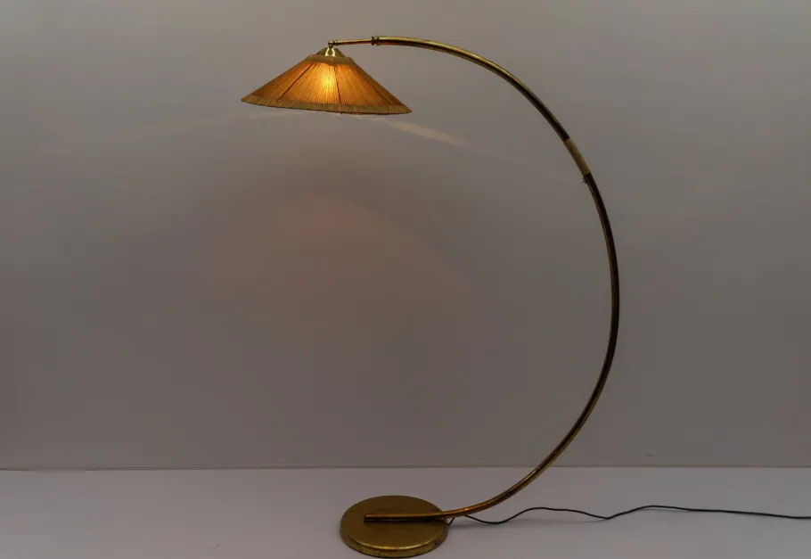 Discount Pamono Mid-Century Modern Brass & Rattan Arc Floor Lamp, Italy, 1950s