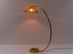Discount Pamono Mid-Century Modern Brass & Rattan Arc Floor Lamp, Italy, 1950s