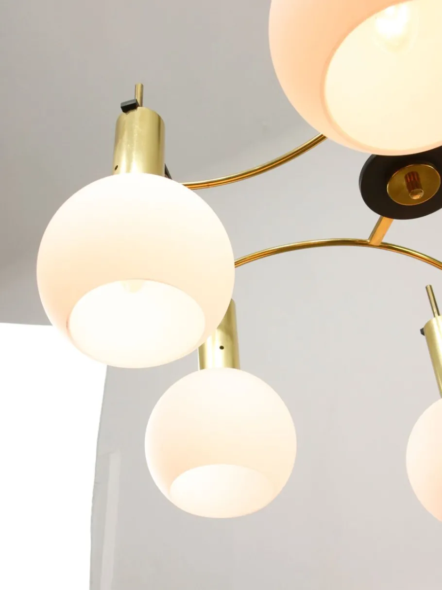 Best Pamono Mid-Century Modern Brass and Opaline Chandelier, Italy