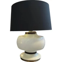 Clearance Pamono Mid-Century Modern Italian White Opaline Glass and Brass Table Lamp, 1970s