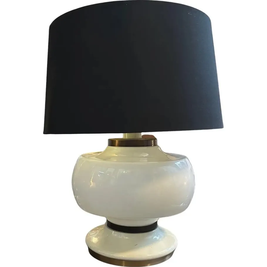 Clearance Pamono Mid-Century Modern Italian White Opaline Glass and Brass Table Lamp, 1970s