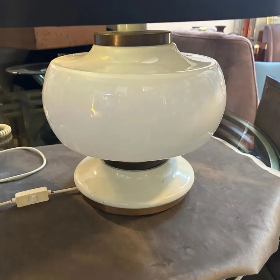 Clearance Pamono Mid-Century Modern Italian White Opaline Glass and Brass Table Lamp, 1970s