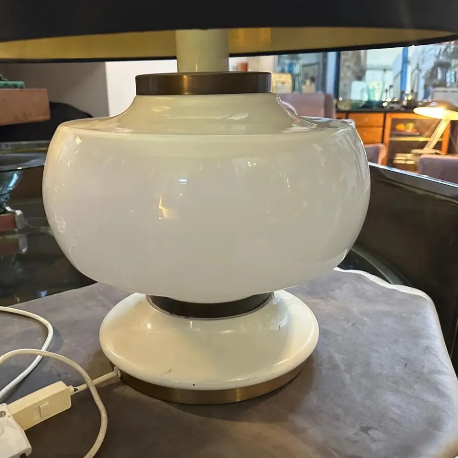 Clearance Pamono Mid-Century Modern Italian White Opaline Glass and Brass Table Lamp, 1970s