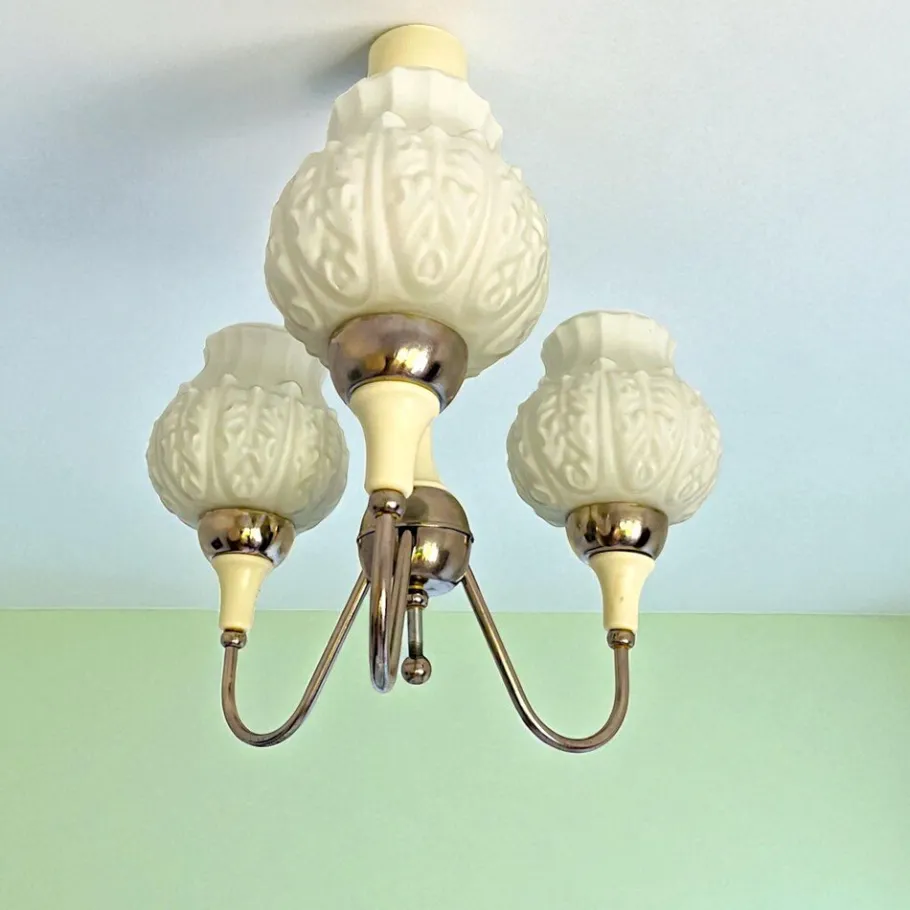 Best Pamono Mid-Century Modern 3-Light Chandelier with Opaline Glass Shades, Eastern Europe, 1960s