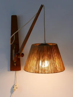 Best Pamono Mid-Century Modern Swing Teak & Sisal Wall Light, Denmark, 1960s