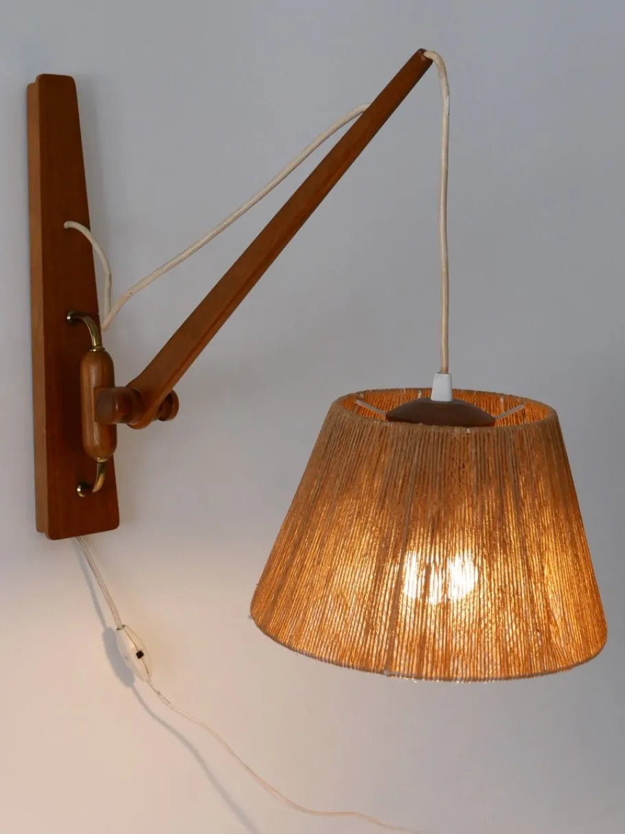 Best Pamono Mid-Century Modern Swing Teak & Sisal Wall Light, Denmark, 1960s