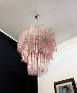Best Pamono Mid-Century Modern Three-Tier Murano Glass Tube Chandelier with 48 Pink Glasses, 1990s