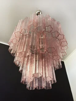 Best Pamono Mid-Century Modern Three-Tier Murano Glass Tube Chandelier with 48 Pink Glasses, 1990s
