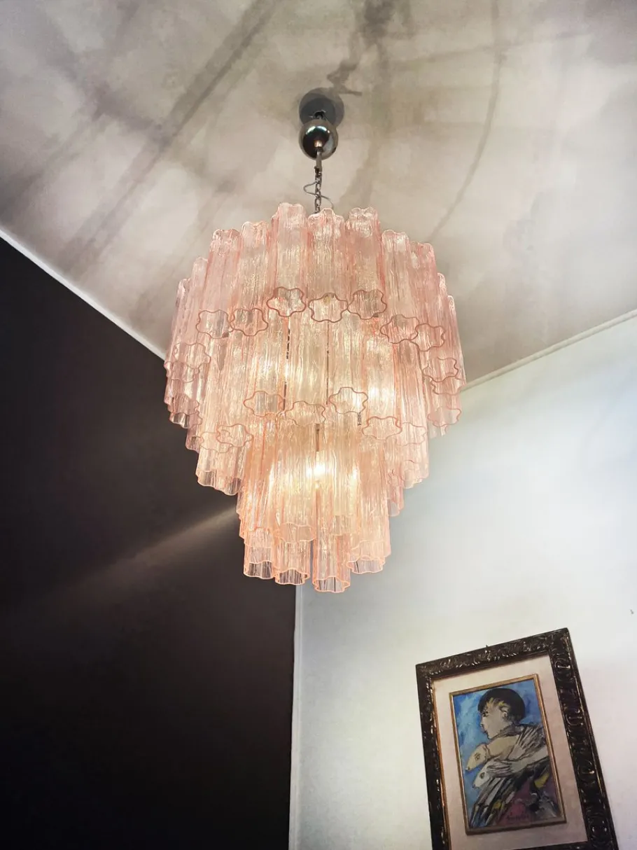 Best Pamono Mid-Century Modern Three-Tier Murano Glass Tube Chandelier with 48 Pink Glasses, 1990s