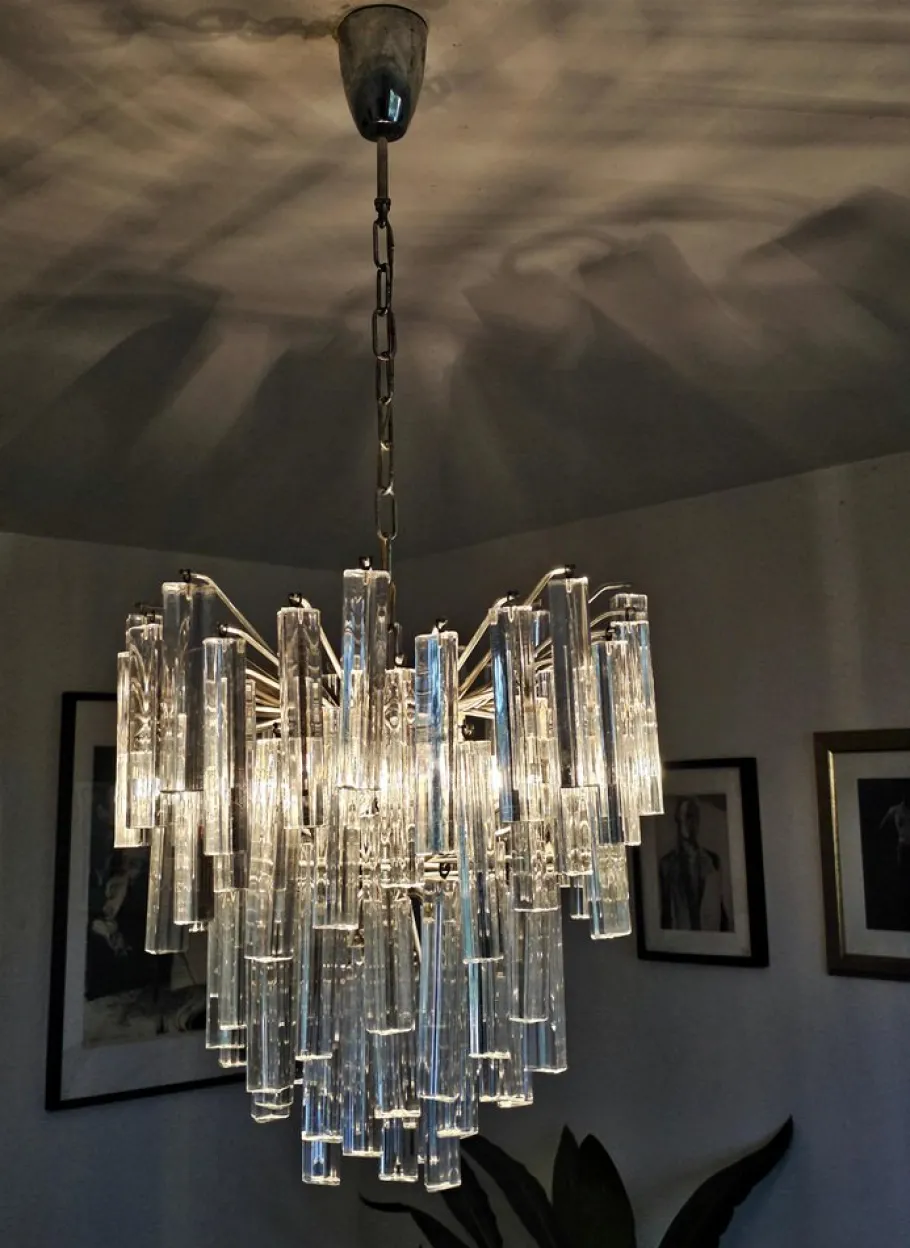Best Pamono Mid-Century Modern Triedri Crystal Chandelier attributed to Paolo Venini, Italy, 1950s