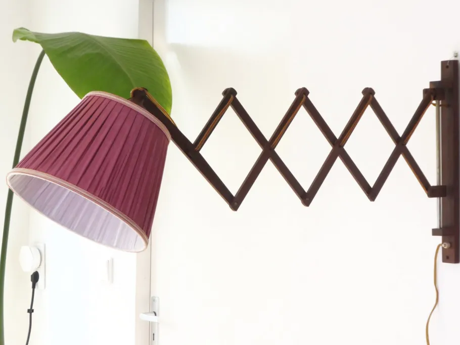 Best Pamono Mid-Century Teak Accordion Lamp with Red Pleaded Shade, 1960s