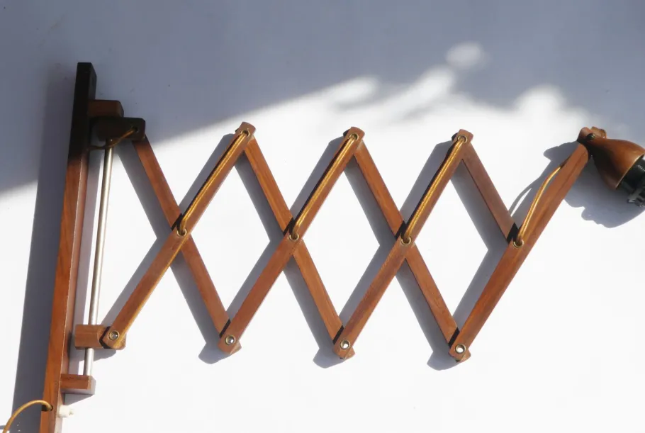 Best Pamono Mid-Century Teak Accordion Lamp with Red Pleaded Shade, 1960s