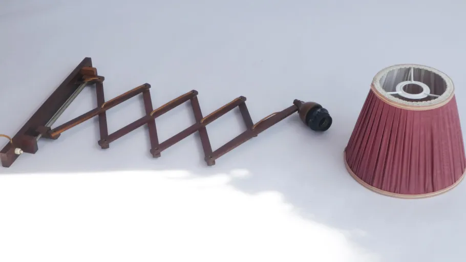 Best Pamono Mid-Century Teak Accordion Lamp with Red Pleaded Shade, 1960s