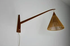 Best Pamono Mid-Century Teak and Rattan Swing Arm Wall Lamp attributed to Temde, 1960s