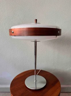 Clearance Pamono Mid-Century Wood, Chrome, and Acrylic Eclipse M Table Lamp from Fase, 1966