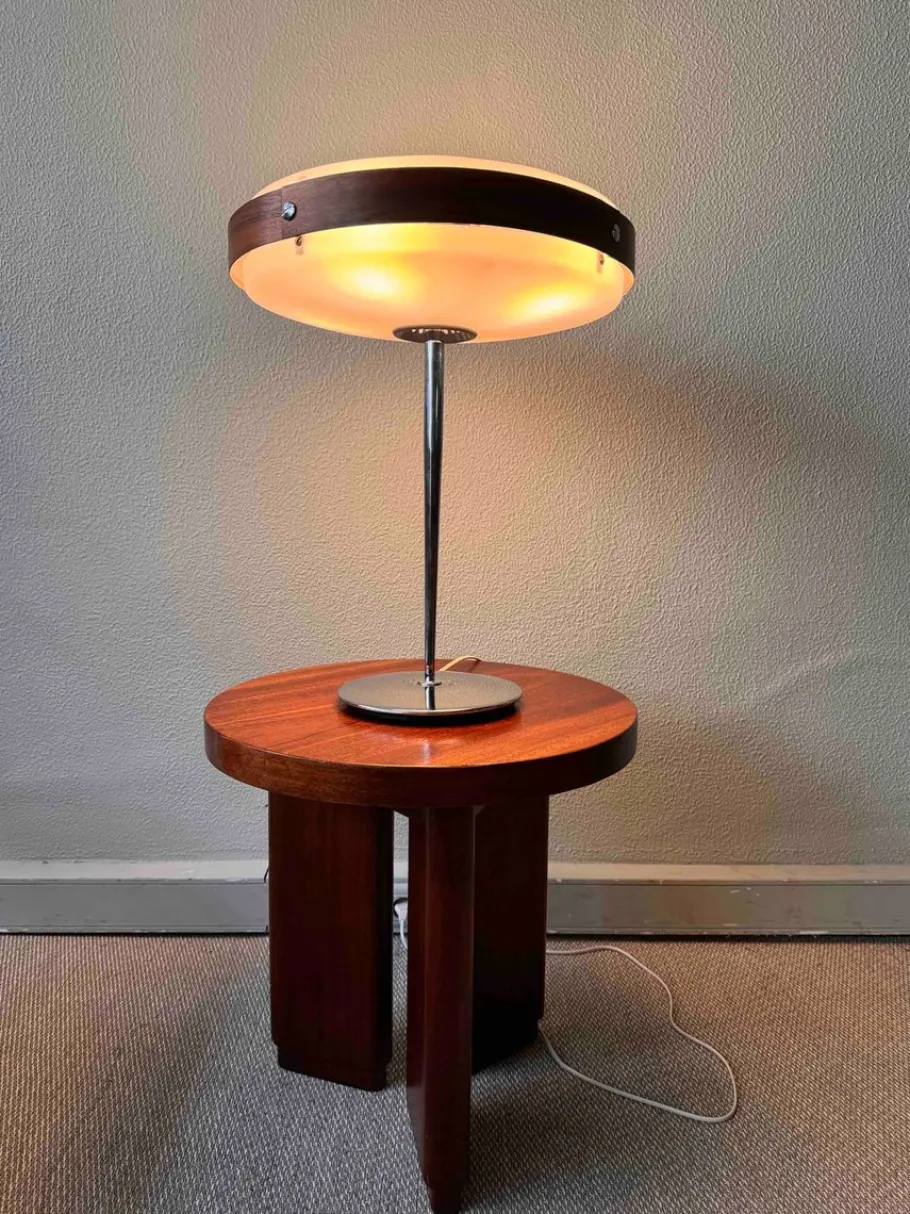 Clearance Pamono Mid-Century Wood, Chrome, and Acrylic Eclipse M Table Lamp from Fase, 1966