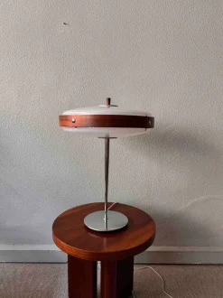 Clearance Pamono Mid-Century Wood, Chrome, and Acrylic Eclipse M Table Lamp from Fase, 1966