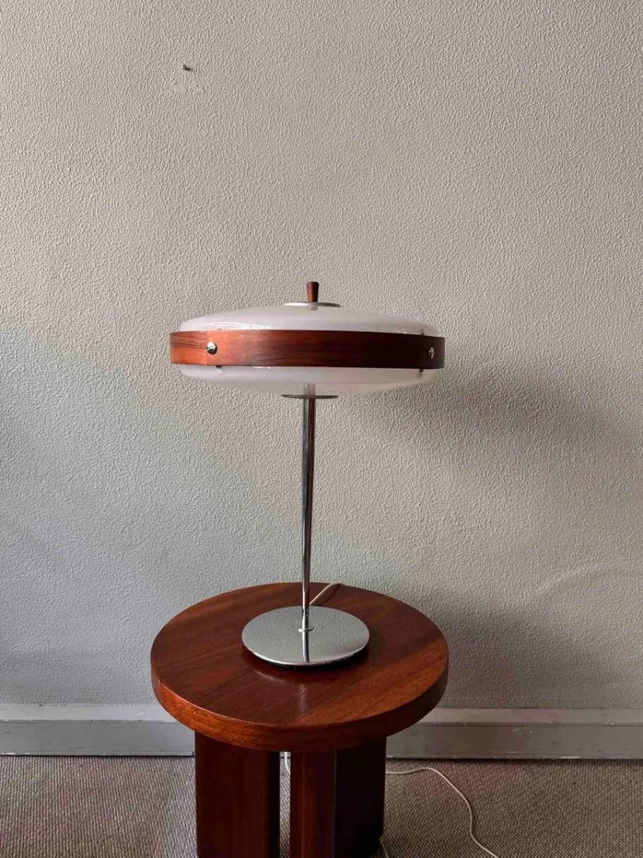 Clearance Pamono Mid-Century Wood, Chrome, and Acrylic Eclipse M Table Lamp from Fase, 1966