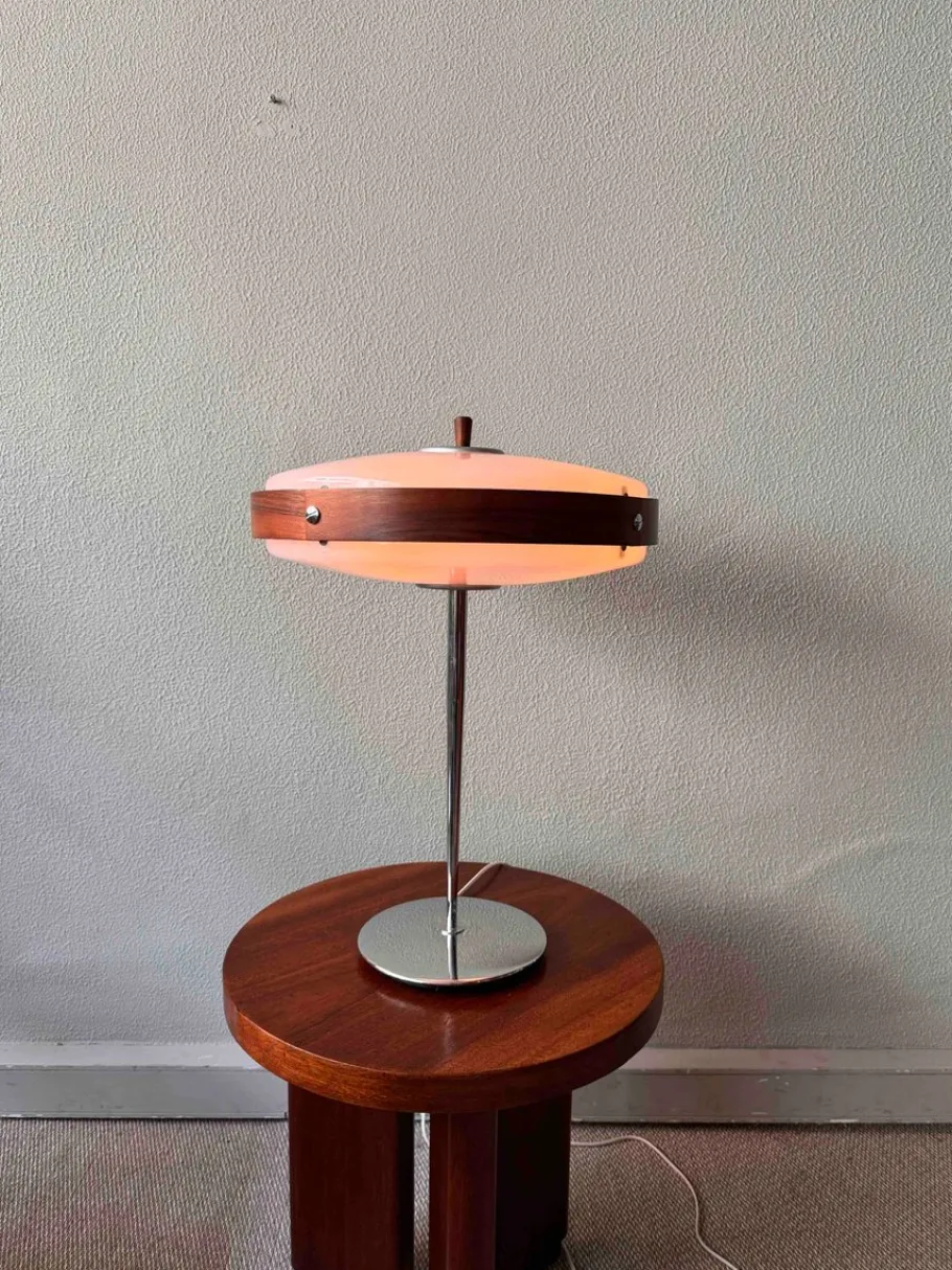 Clearance Pamono Mid-Century Wood, Chrome, and Acrylic Eclipse M Table Lamp from Fase, 1966
