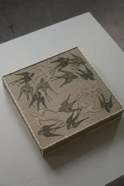 Best Pamono Mid-20th Century Ceiling Lamp with Embroidered Fabric Shade with Swallow Motif, 1950s